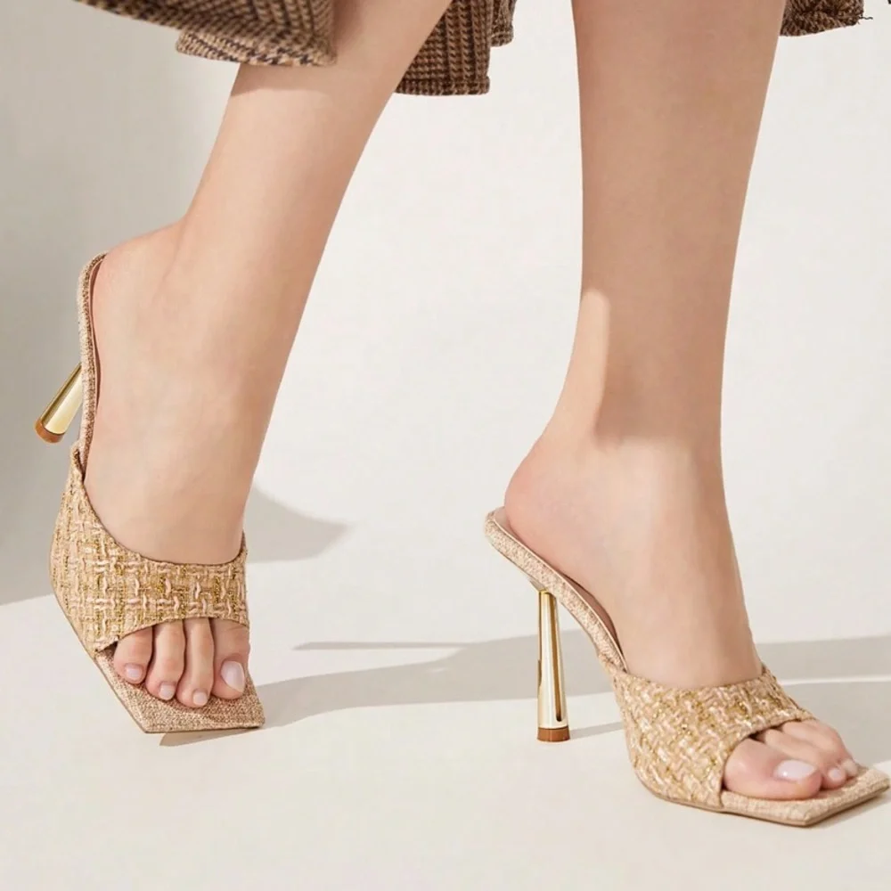 🆕 Square Toe Tweed / Linen Mule  Sandals - Picture 4 of 9